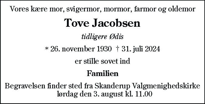 Dødsannonce for Tove Jacobsen