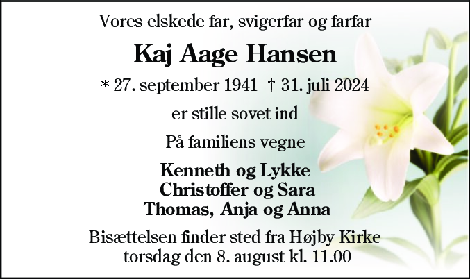Dødsannonce for Kaj Aage Hansen