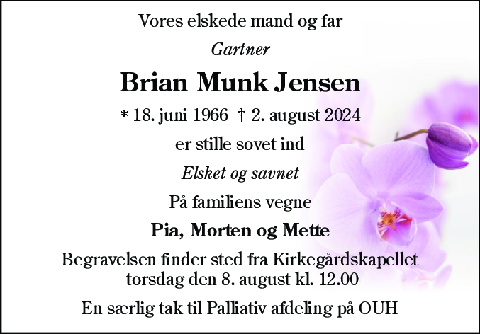 Dødsannonce for Brian Munk Jensen