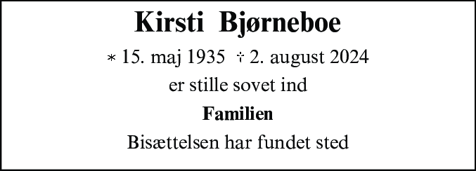 Dødsannonce for Kirsti Sinikka Kotivalo Bjørneboe