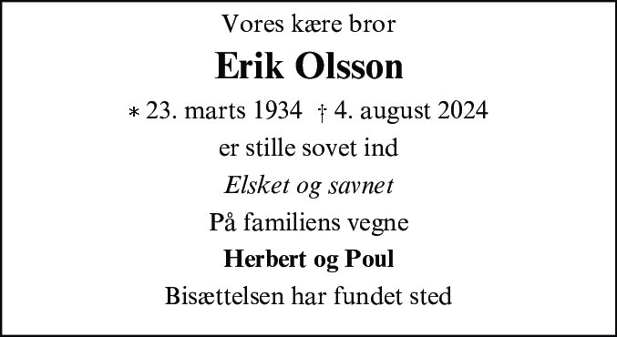 Dødsannonce for Erik Olsson