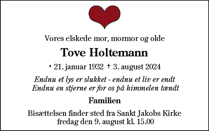 Dødsannonce for Tove Holtemann