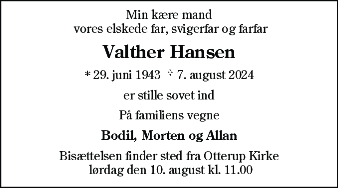 Dødsannonce for Valther Hansen