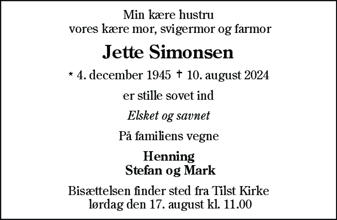 Dødsannonce for Jette Simonsen