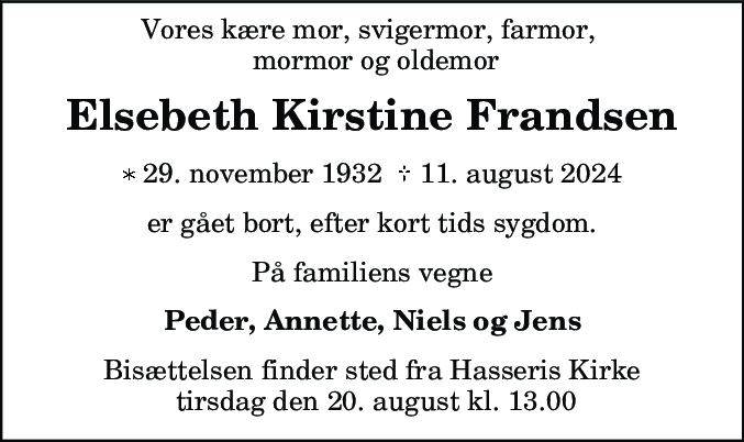 Dødsannonce for Elsebeth Kirstine Frandsen