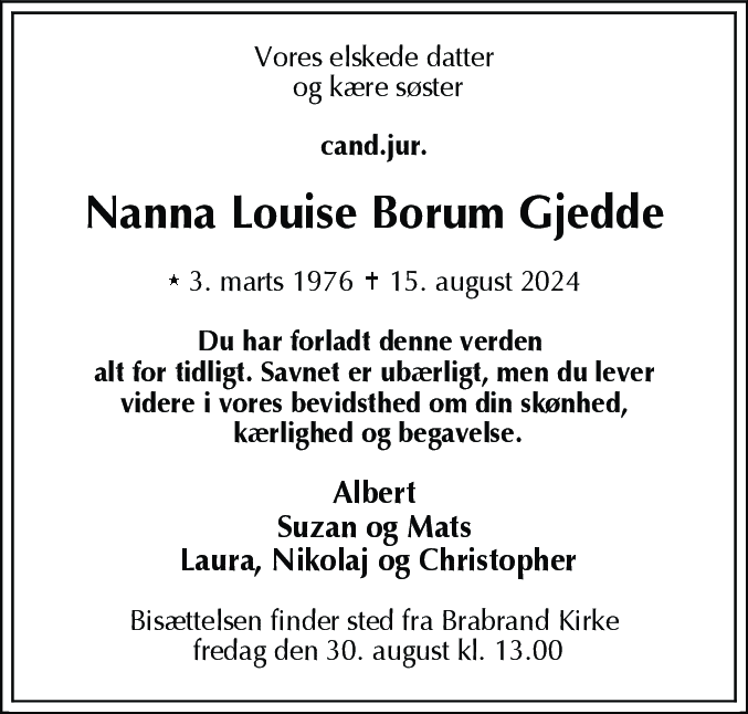 Dødsannonce for Nanna Louise Borum Gjedde