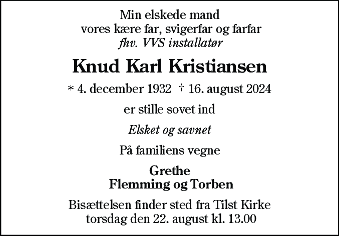 Dødsannonce for Knud Karl Kristiansen