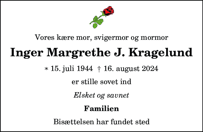 Dødsannonce for Inger Margrethe Junker Kragelund