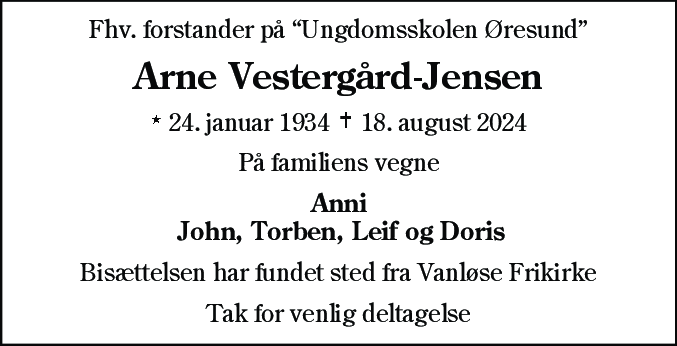 Dødsannonce for Arne Sigvald Vestergård-Jensen