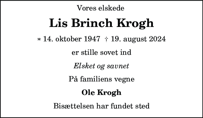Dødsannonce for Lis Brinch Krogh