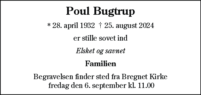 Dødsannonce for Poul Bugtrup