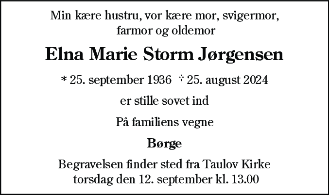 Dødsannonce for Elna Marie Storm Jørgensen