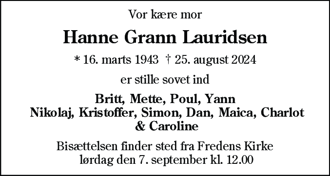 Dødsannonce for Hanne Grann Lauridsen