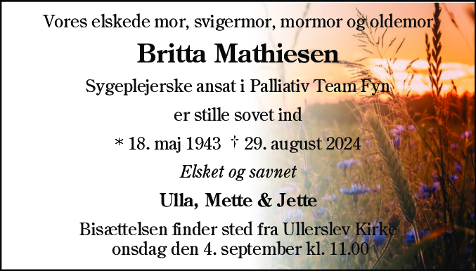 Dødsannonce for Britta Mathiesen