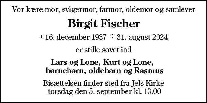 Dødsannonce for Birgit Fischer