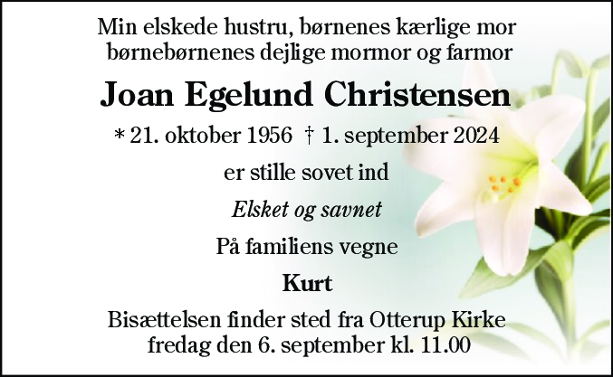 Dødsannonce for Joan Egelund Christensen