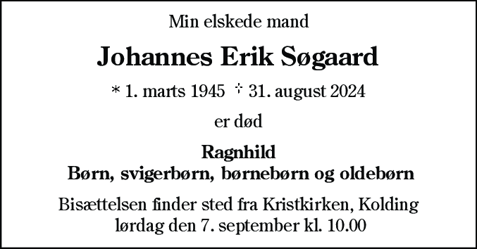 Dødsannonce for Johannes Erik Søgaard
