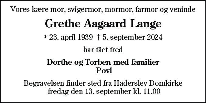 Dødsannonce for Grethe Aagaard Lange