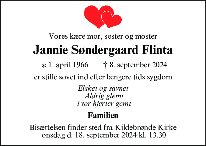 Dødsannonce for Jannie Søndergaard Flinta