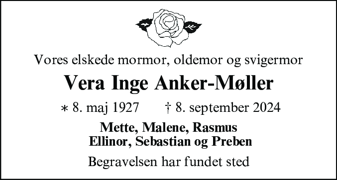 Dødsannonce for Vera Inge Anker-Møller