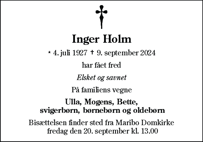 Dødsannonce for Inger Kirstine Holm