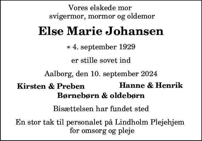 Dødsannonce for Else Marie Johansen