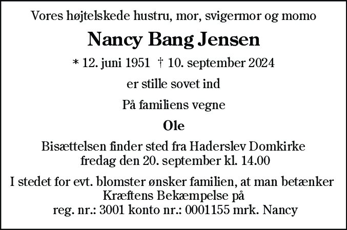 Dødsannonce for Nancy Bang Jensen
