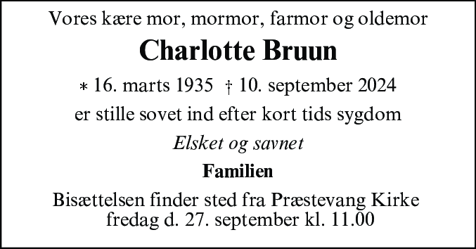 Dødsannonce for Birthe Charlotte Bruun