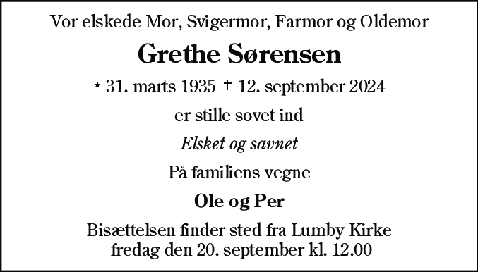 Dødsannonce for Grethe Sørensen