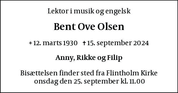 Dødsannonce for Bent Ove Olsen