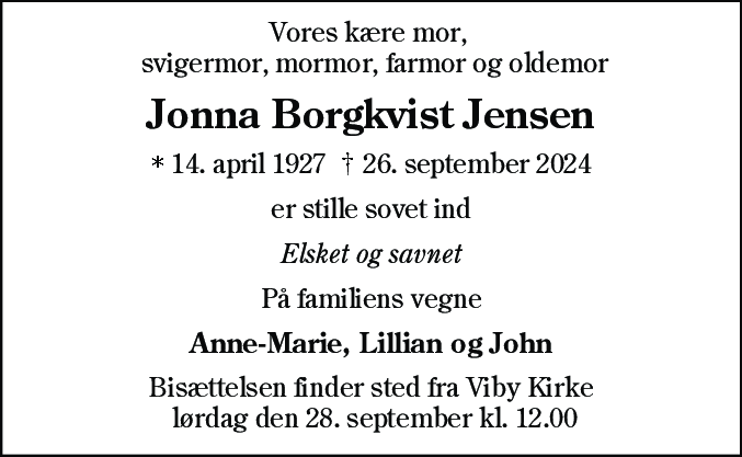 Dødsannonce for Jonna Borgkvist