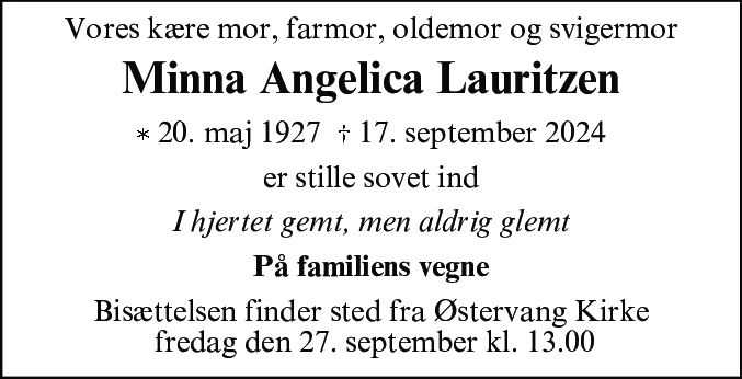 Dødsannonce for Minna Angelica Lauritzen
