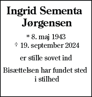 Dødsannonce for Ingrid Sementa Jørgensen