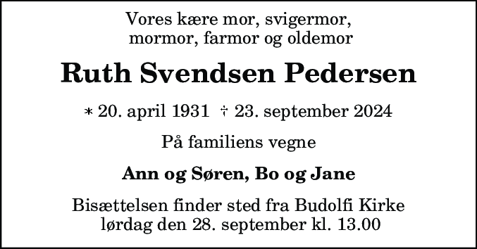 Dødsannonce for Ruth Pedersen