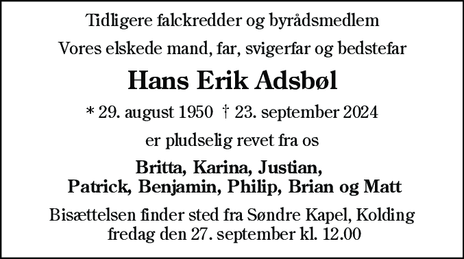 Dødsannonce for Hans Erik Adsbøl