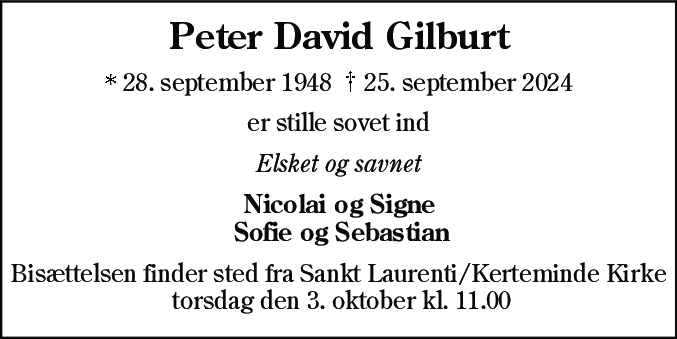 Dødsannonce for Peter David Gilburt