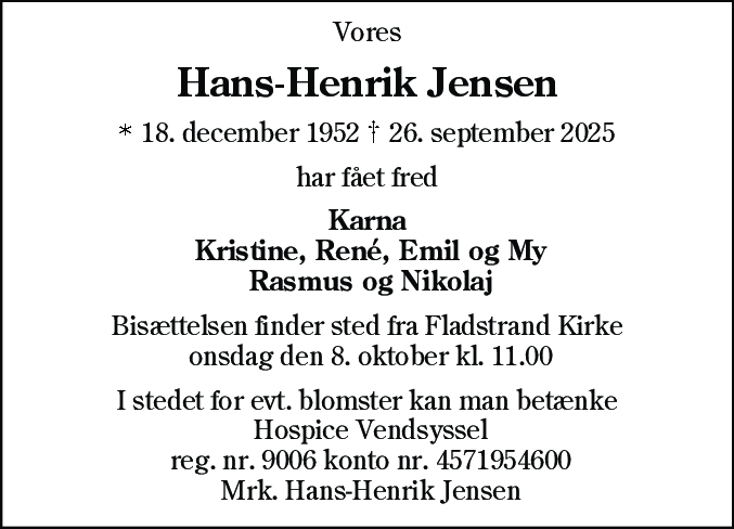 Dødsannonce for Hans-Henrik Jensen