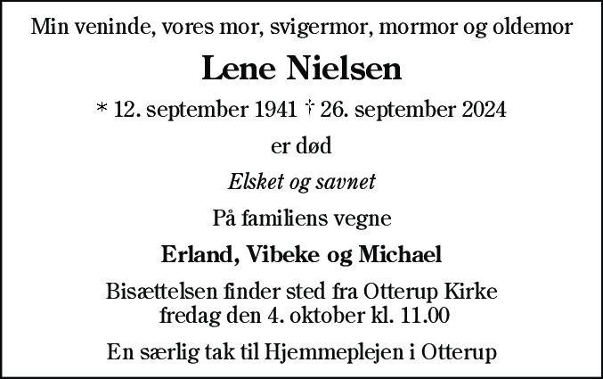 Dødsannonce for Lene Nielsen
