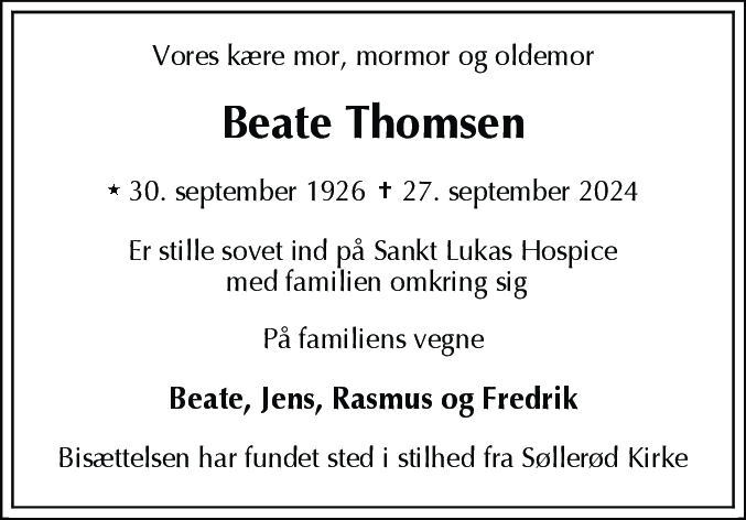 Dødsannonce for Beate Thomsen