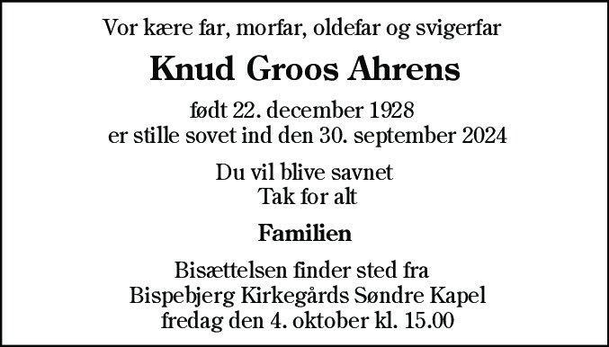 Dødsannonce for Knud Groos Ahrens