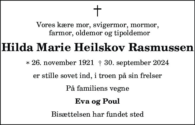 Dødsannonce for Hilda Marie Heilskov Rasmussen
