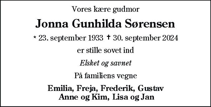 Dødsannonce for Jonna Gunhilda Sørensen