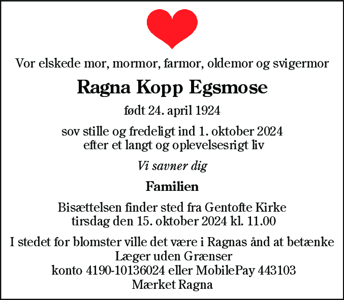 Dødsannonce for Ragna Kopp Egsmose