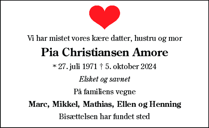 Dødsannonce for Pia Christiansen Amore
