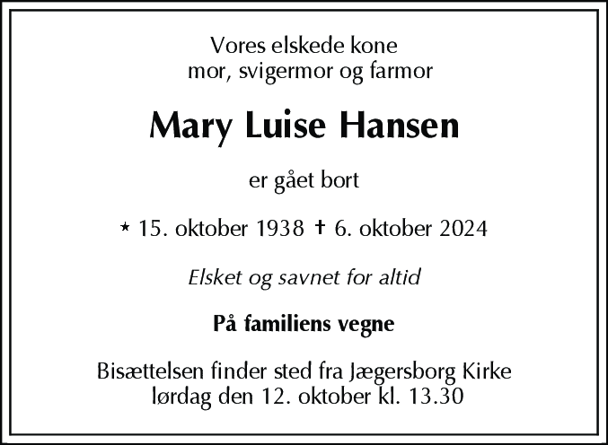 Dødsannonce for Mary Luise Hansen