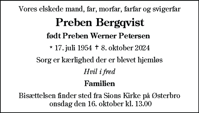 Dødsannonce for Preben Bergqvist