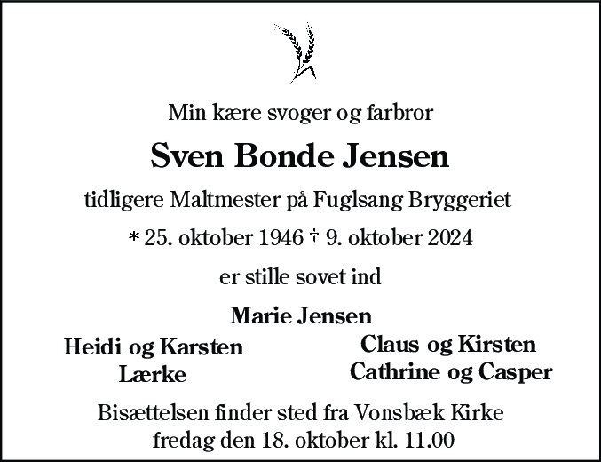 Dødsannonce for Sven Bonde Jensen
