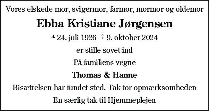Dødsannonce for Ebba Kristiane Jørgensen