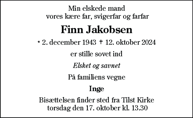 Dødsannonce for Finn Jakobsen