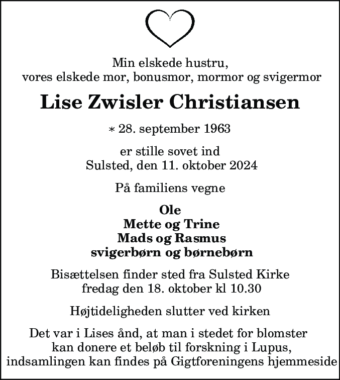 Dødsannonce for Lise Zwisler Christiansen